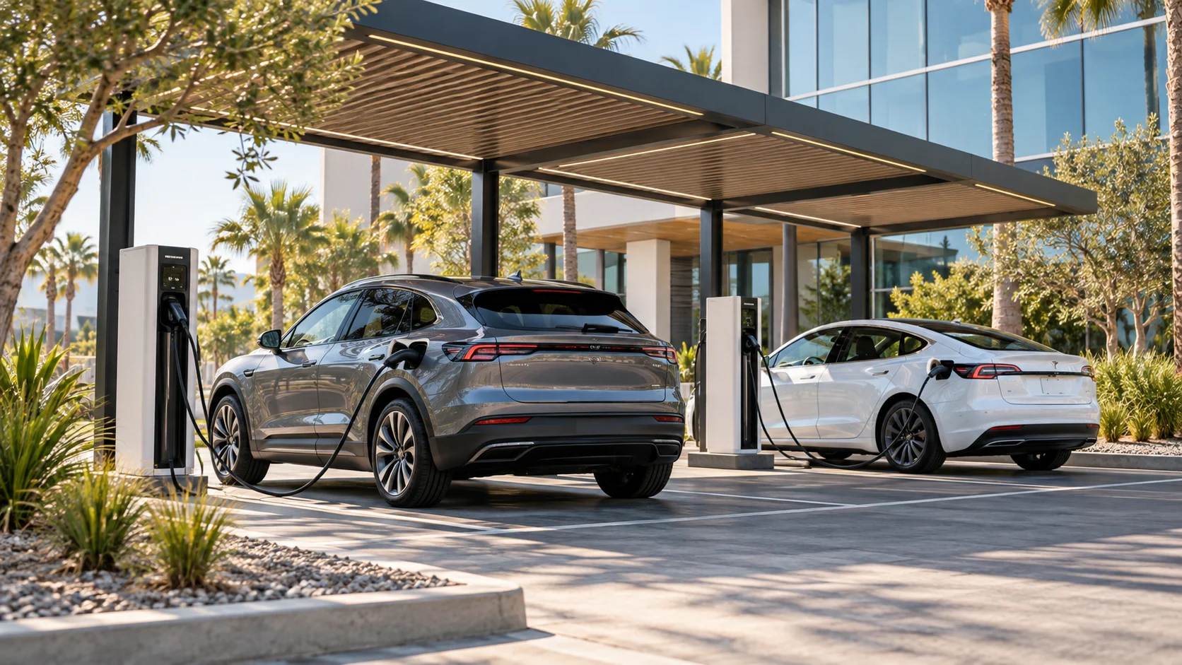 Electric vehicles connected to chargers beneath a commercial parking canopy.
