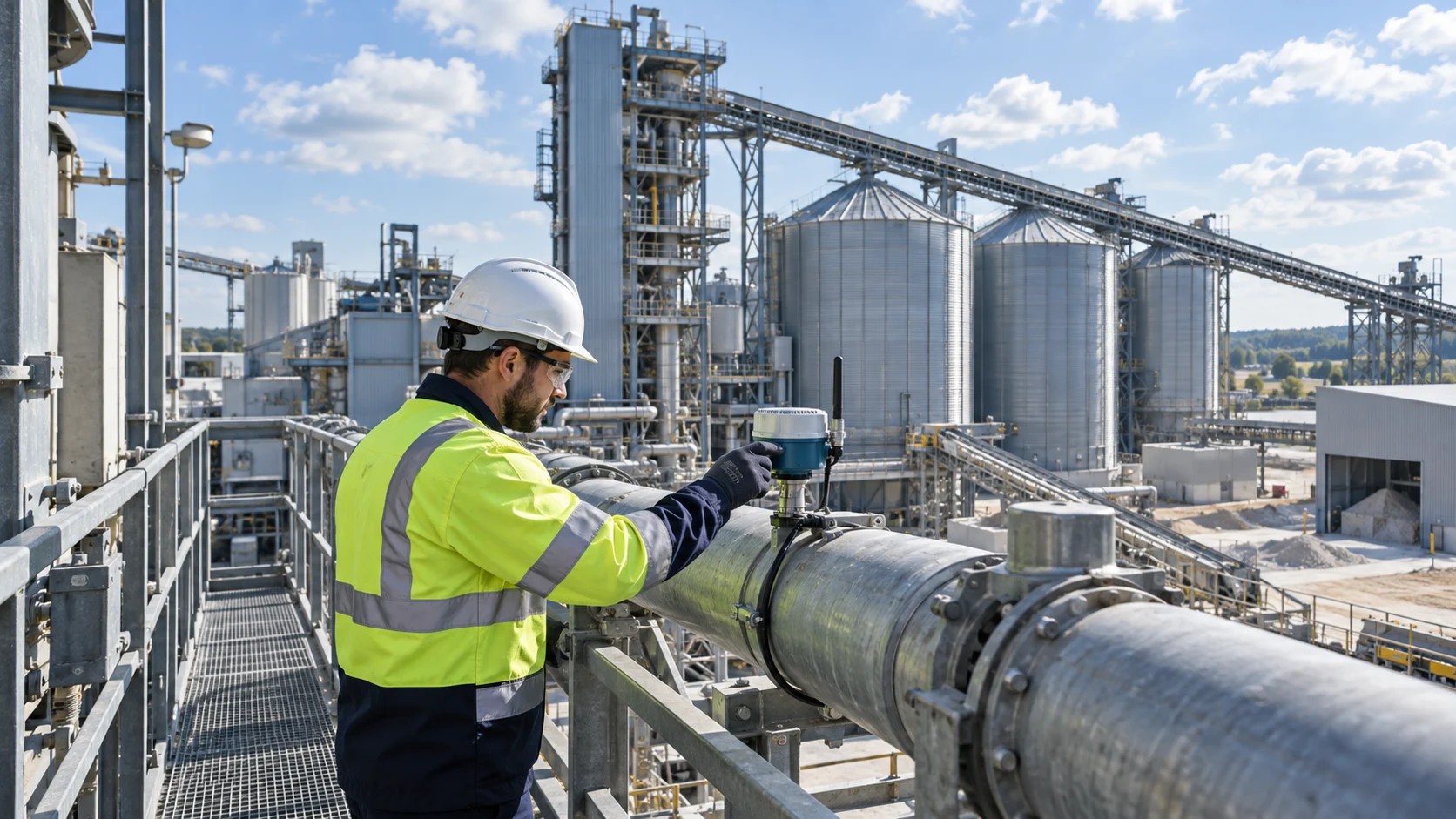 Engineer inspecting a wireless sensor on pipework at an industrial processing site.