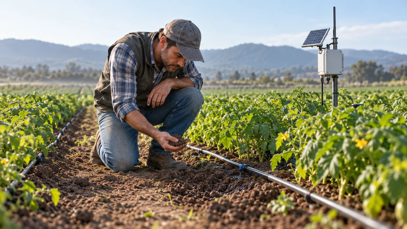 Agronomist inspecting soil and a drip emitter between crop rows.