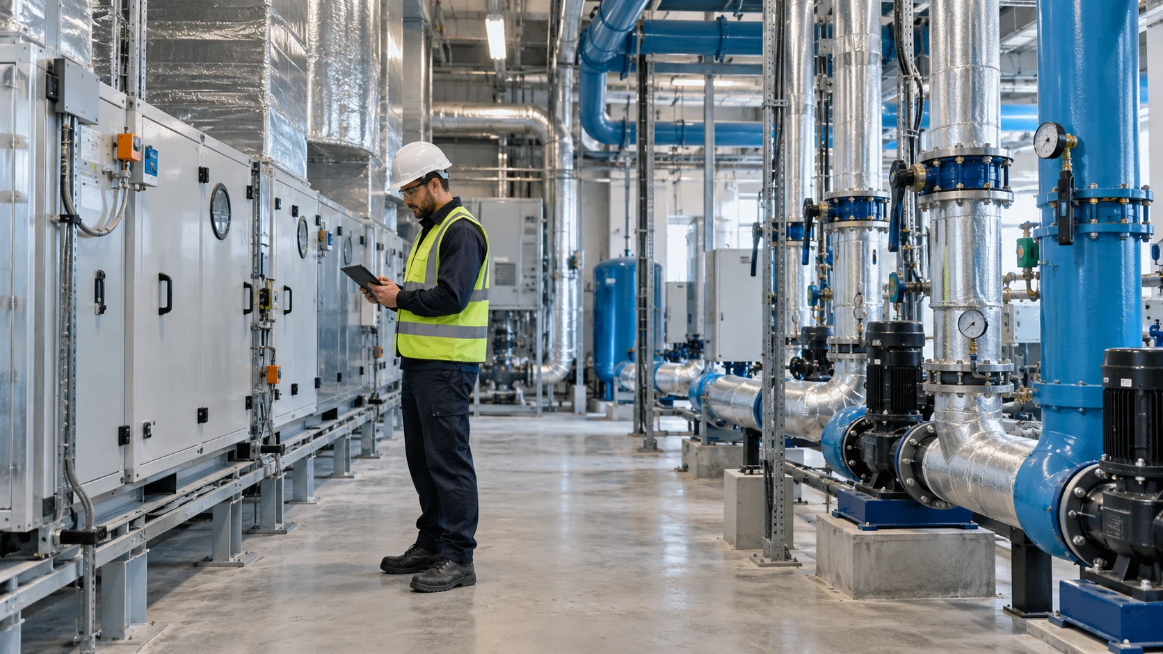 Facilities engineer reviewing equipment in a building mechanical room.