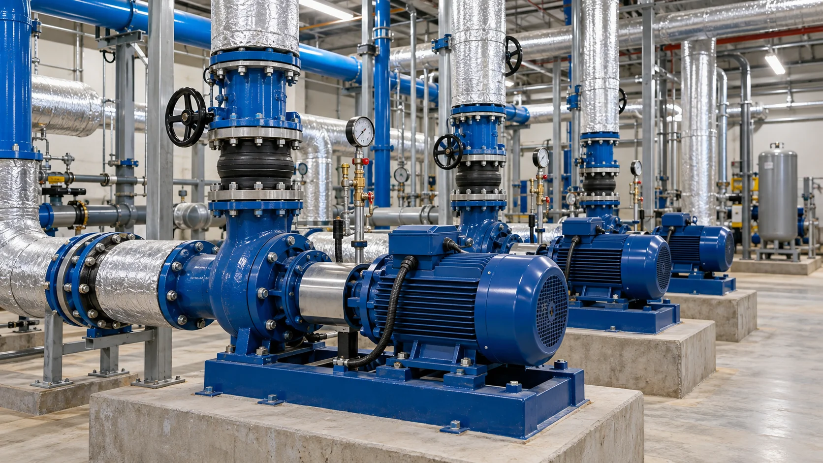 Water circulation pumps, insulated pipes and pressure sensors in a mechanical room.